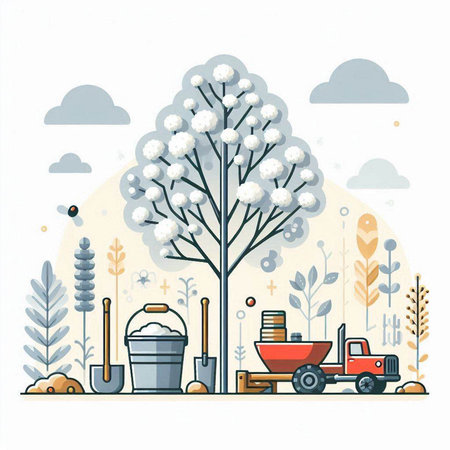 Vector illustration of a farm landscape with a tree, a tractor and a bucket.のイラスト素材