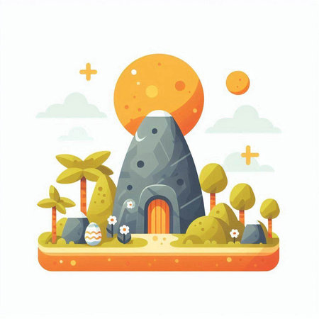 Cartoon illustration of prehistoric stone house on the island. Vector illustrationのイラスト素材