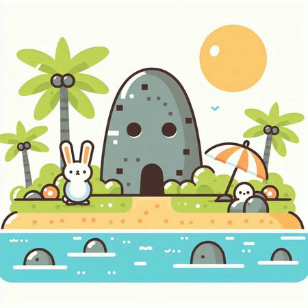 Illustration of a sandcastle with a rabbit and a coconut treeのイラスト素材