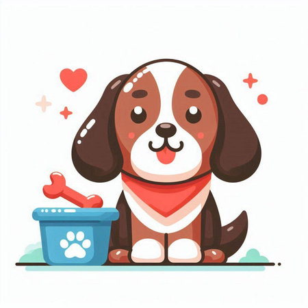 Cute cartoon dog with a bowl of food. Vector illustration.のイラスト素材