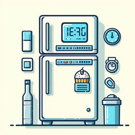 Refrigerator with cupcake, timer, stopwatch and water bottle. Vector illustration.のイラスト素材