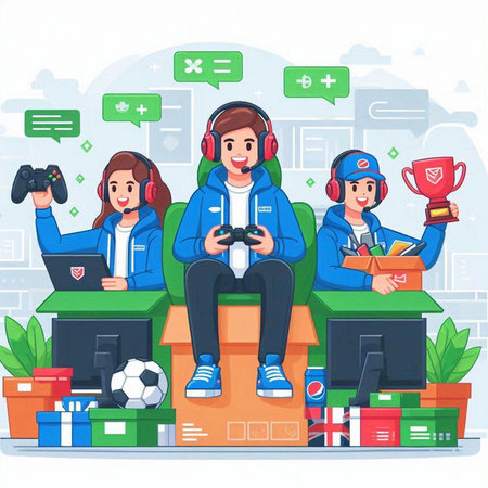 People playing video games vector illustration. Cartoon characters in sportswear sitting on box with gamepad, controller, cup and other equipmentのイラスト素材