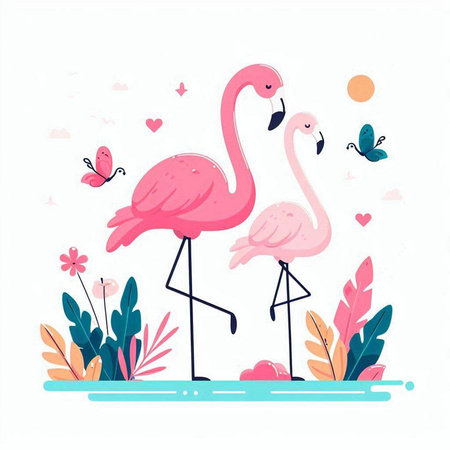 Pink flamingo on the beach. Vector illustration in flat style.のイラスト素材