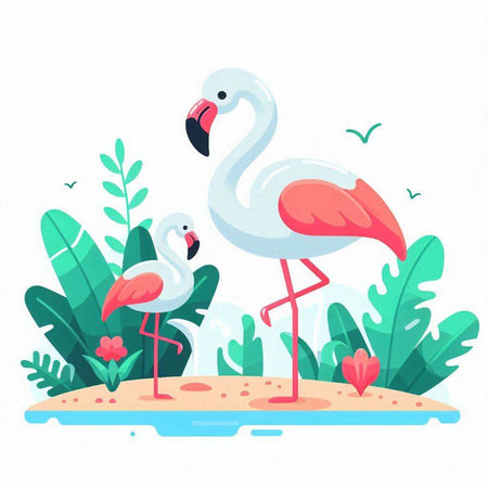 Two flamingos on the beach. Vector illustration in cartoon style.のイラスト素材