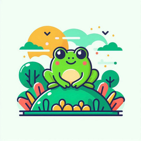 Cute cartoon frog in the park. Vector illustration in flat style.のイラスト素材