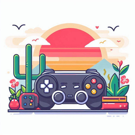 Gamepad and cactus on a white background. Vector illustration.のイラスト素材