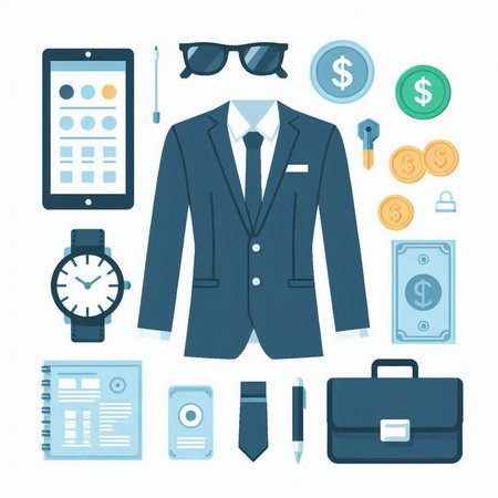 Businessman suit and accessories. Vector illustration in flat style. Isolated on white background.のイラスト素材