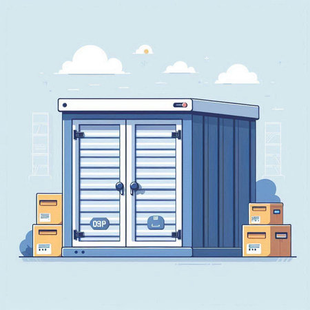 Illustration of a cargo container with boxes in the background. Vector illustration.のイラスト素材