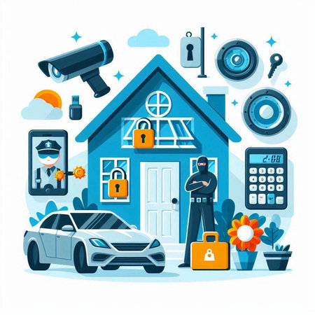 Security camera on the background of the house. Flat design vector illustration.のイラスト素材