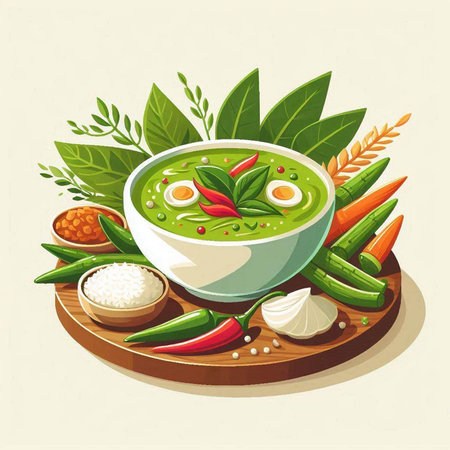 Vector illustration of a bowl of green curry and ingredients for cooking.のイラスト素材