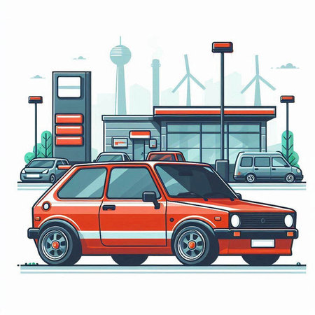 Vector illustration of a red car on the background of the city.のイラスト素材