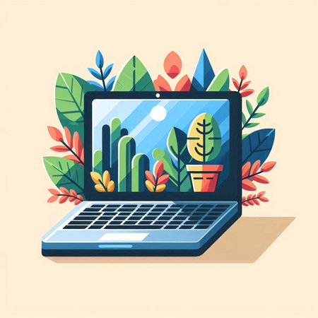 Laptop with plant on screen. Vector illustration in flat style.のイラスト素材