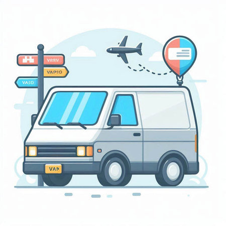 Vector flat style cartoon illustration of delivery van on white background. Transport concept.のイラスト素材