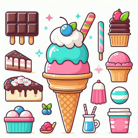 Ice cream cartoon icon set. Cute sweet dessert vector illustration.のイラスト素材