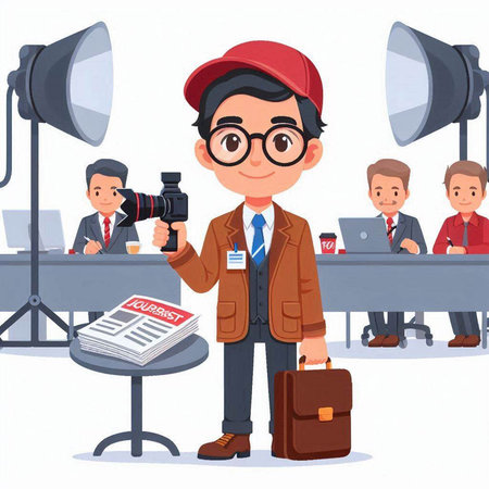 Journalist with camera and reporter. Vector illustration in cartoon style.のイラスト素材