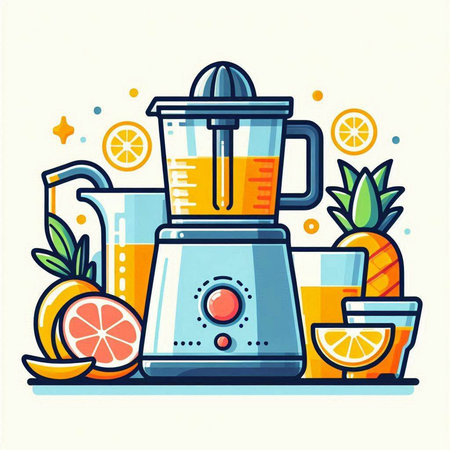 Vector illustration of a juicer with fruits. Flat design style.のイラスト素材