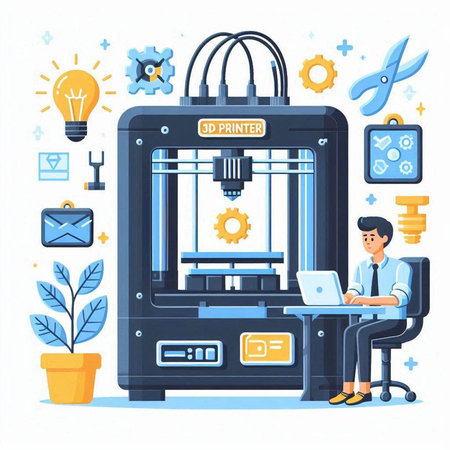 3d printer with man working on laptop. Modern technology vector illustration.のイラスト素材