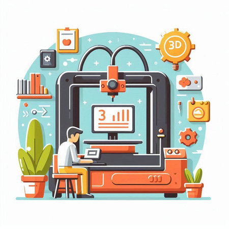 3d printer machine. Modern technology. Vector illustration in flat styleのイラスト素材