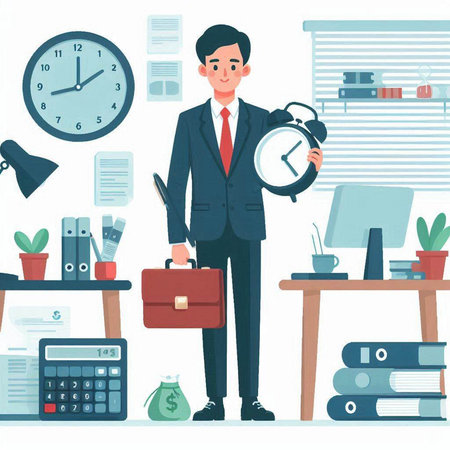 Businessman holding alarm clock in office. Flat style vector illustration.のイラスト素材