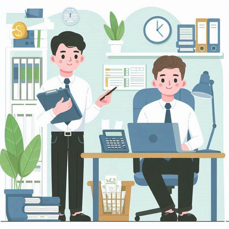 Businessman working in the office. Office life. Vector illustration.のイラスト素材