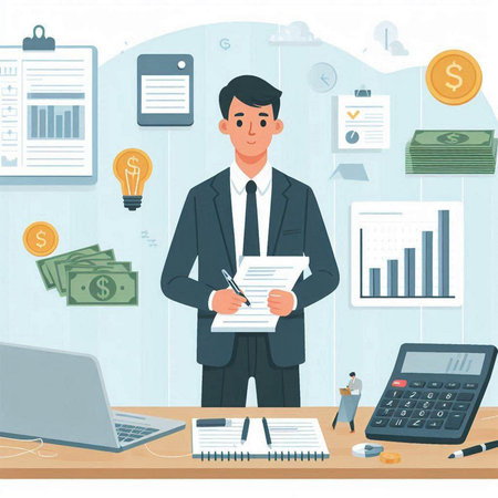 Businessman working in office. Vector illustration in flat cartoon style.のイラスト素材