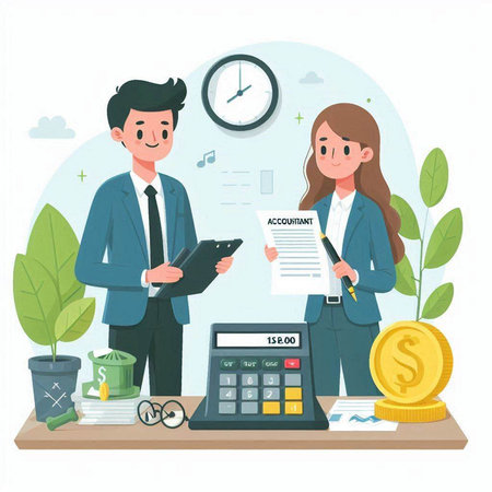 Businessman and businesswoman working together in office. Vector illustration.のイラスト素材