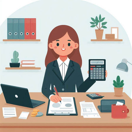 Businesswoman working at office desk. Vector illustration in cartoon style.のイラスト素材