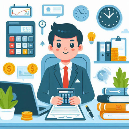 Businessman working at his desk. Vector illustration in cartoon style.のイラスト素材