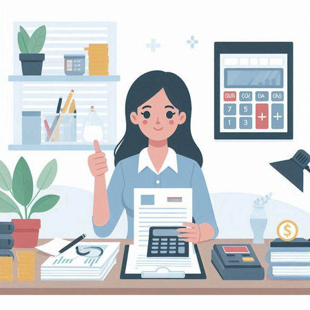 Business woman working at office and showing thumbs up. Vector illustration.のイラスト素材