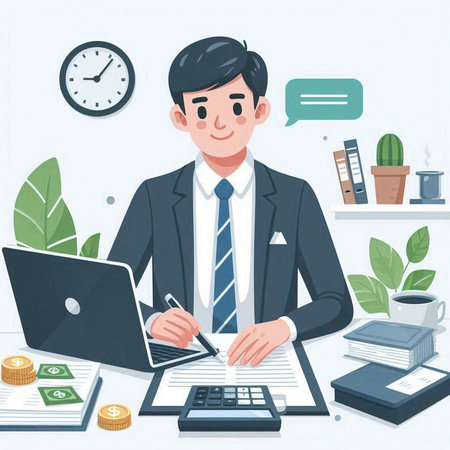 Businessman working at office desk. Vector illustration in cartoon style.のイラスト素材