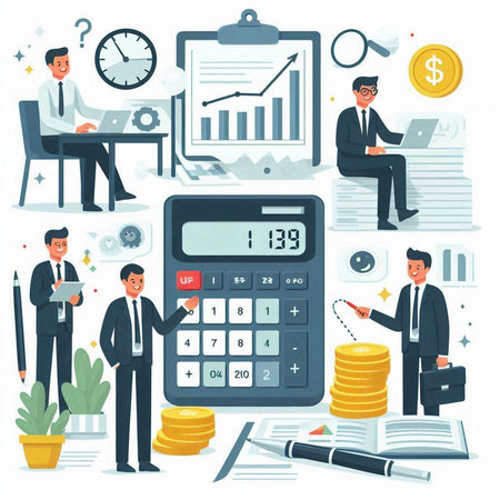 Business people working with calculator and documents in office. Flat vector illustration.のイラスト素材