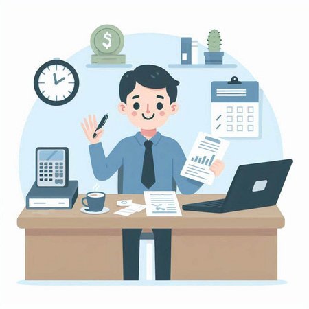 Businessman working at office desk. Vector illustration in cartoon style.のイラスト素材