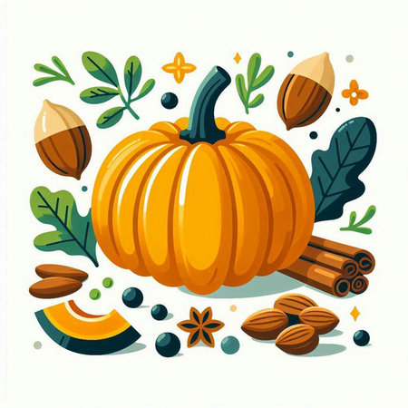 Pumpkin with autumn leaves and acorns. Vector illustration.のイラスト素材