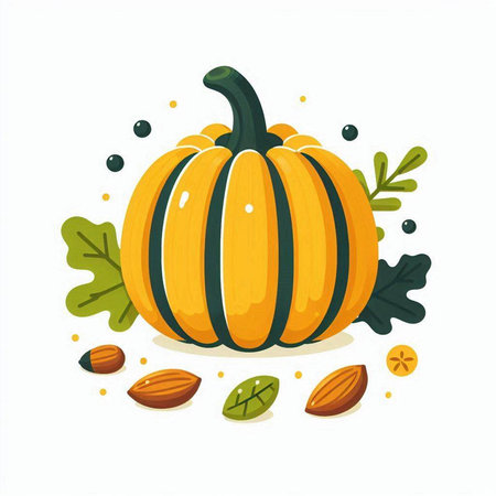 Pumpkin with leaves and nuts. Vector illustration in cartoon style.のイラスト素材