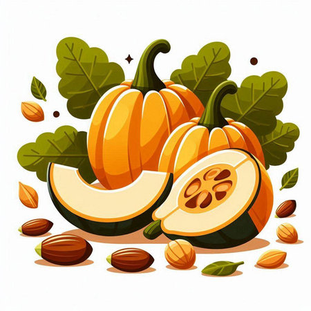 Pumpkin with leaves and seeds isolated on white background. Vector illustration.のイラスト素材