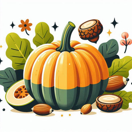 Pumpkin with leaves and nuts. Vector illustration. Eps 10のイラスト素材