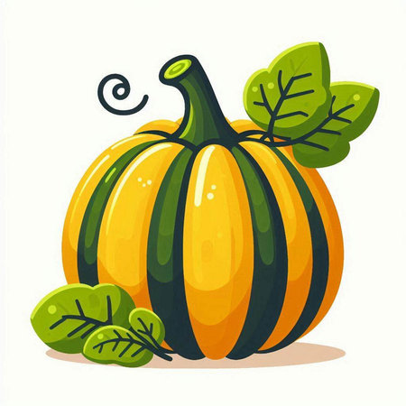 Pumpkin with green leaves. Vector illustration isolated on white background.のイラスト素材