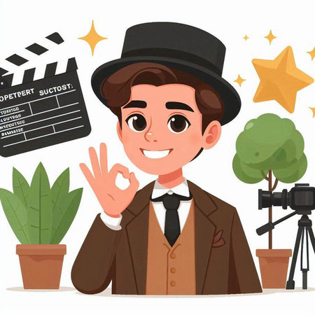 Movie director with clapperboard. Vector illustration in cartoon style.のイラスト素材