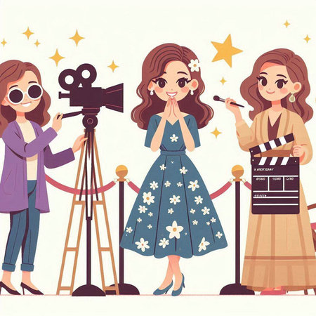 Cute cartoon girl with makeup and movie camera. Vector illustration.のイラスト素材