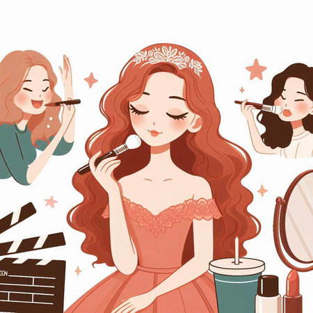 Illustration of a pretty woman applying make-up on her faceのイラスト素材