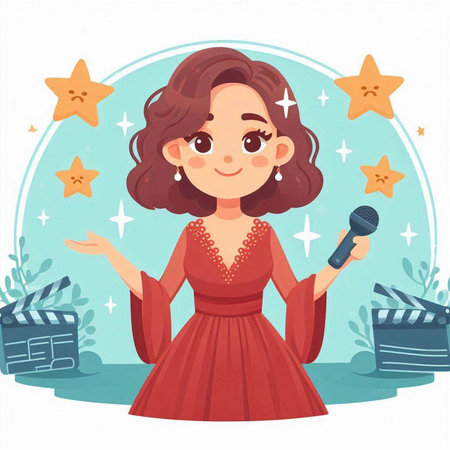 Cute cartoon girl in a red dress with a microphone. Vector illustration.のイラスト素材