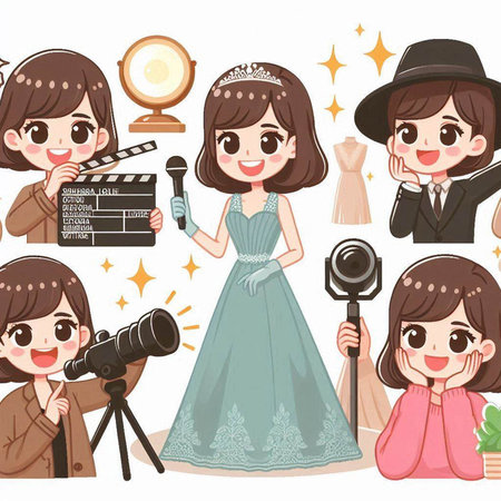 Seamless pattern with cute cartoon girls in elegant dress and hatのイラスト素材