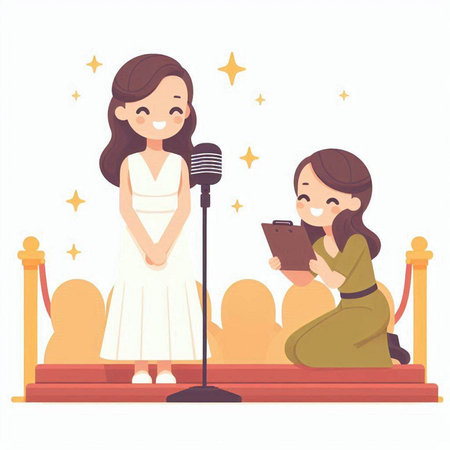 Karaoke vector illustration. Young woman singing karaoke with microphone and tablet.のイラスト素材