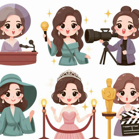 Illustration of a Set of Cute Female Filmmakers on White Backgroundのイラスト素材