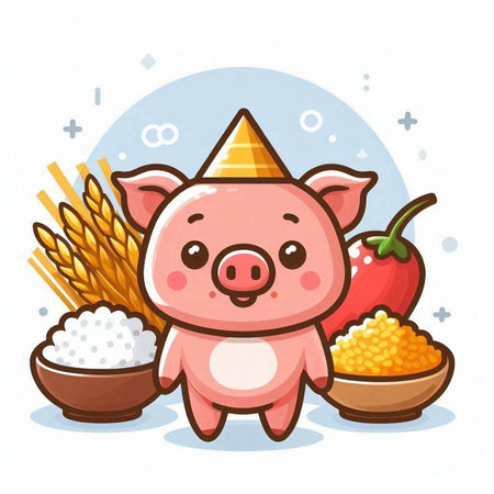 Cute cartoon pig in party hat with rice. Vector illustration.のイラスト素材