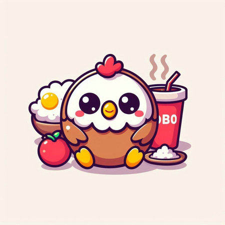 Cute chicken with rice and coffee in cartoon style vector illustration.のイラスト素材
