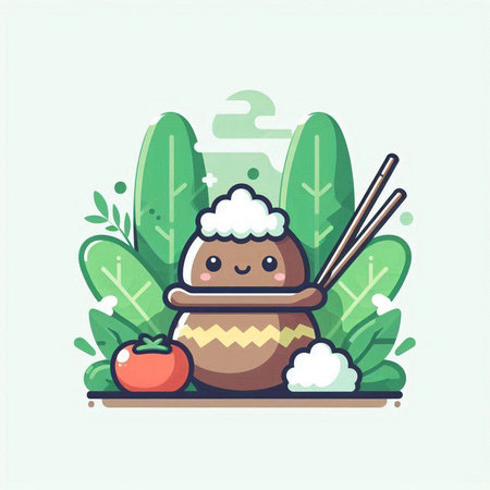 Kawaii rice ball with chopsticks and vegetables. Vector illustration.のイラスト素材