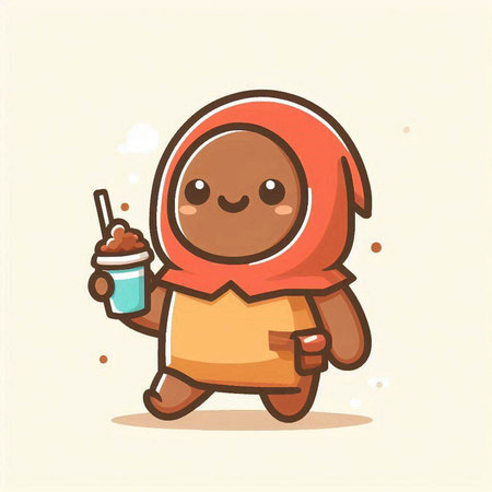 Cute muslim woman cartoon character holding a cup of coffee.のイラスト素材