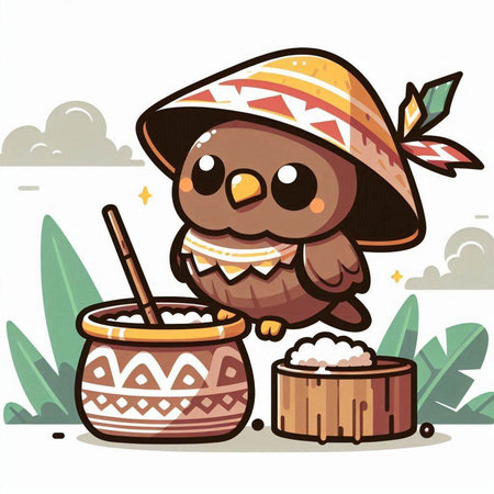 Owl in a hat with a drum and a bowl of riceのイラスト素材