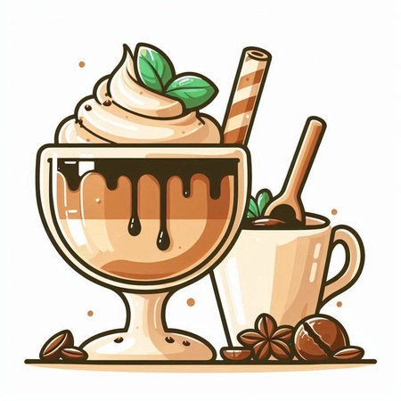 Vector illustration of a cup of coffee with whipped cream and chocolate sauceのイラスト素材